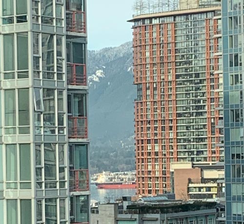 Unretouched green Vancouver photo with cargo ship